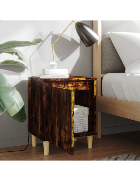 Comodino con Gambe in Legno Massello Rovere Fumo 40x35x50 cm