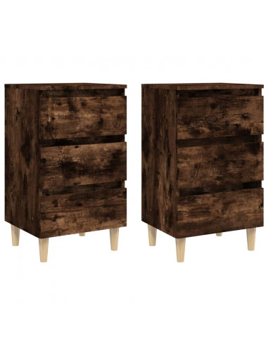 Comodini con Gambe in Legno Massello 2pz Rovere Fumo 40x35x69cm