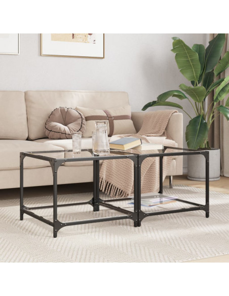 Tavolino Salotto con Piano Vetro Trasparente 50x50x40cm Acciaio