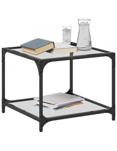 Tavolino Salotto con Piano Vetro Trasparente 50x50x40cm Acciaio