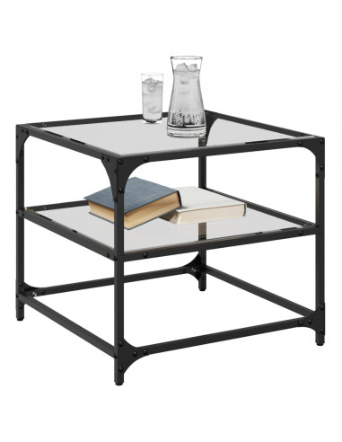 Tavolino Salotto con Piano Vetro Trasparente 50x50x45cm Acciaio