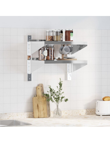 Mensola Muro 2 Ripiani 50x40x60cm Argento Acciaio Inossidabile