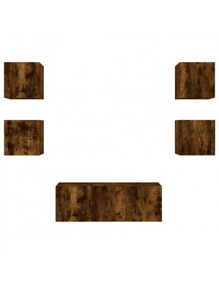 Mobili TV a Muro con LED 6pz Rovere Fumo in Legno Multistrato