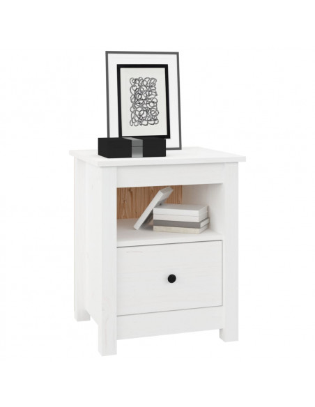 Comodino Bianco 40x35x49 cm in Legno Massello di Pino