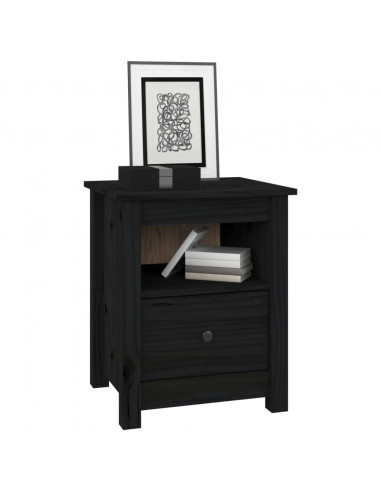 Comodino Nero 40x35x49 cm in Legno Massello di Pino