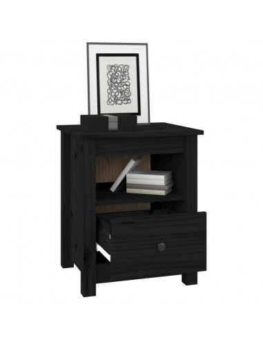 Comodino Nero 40x35x49 cm in Legno Massello di Pino