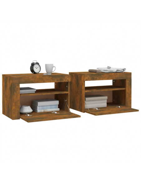 Comodini 2 pz con Luci LED Rovere Fumo 60x35x40 cm