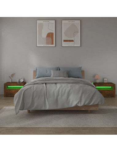 Comodini 2 pz con Luci LED Rovere Fumo 60x35x40 cm