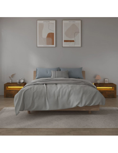 Comodini 2 pz con Luci LED Rovere Fumo 60x35x40 cm