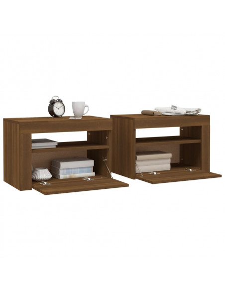 Comodini 2 pz con Luci LED Rovere Marrone 60x35x40 cm