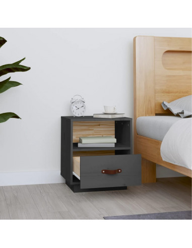 Comodino Grigio 40x34x45 cm in Legno Massello di Pino