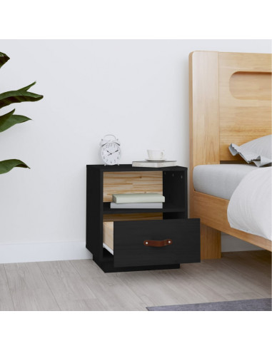 Comodino Nero 40x34x45 cm in Legno Massello di Pino