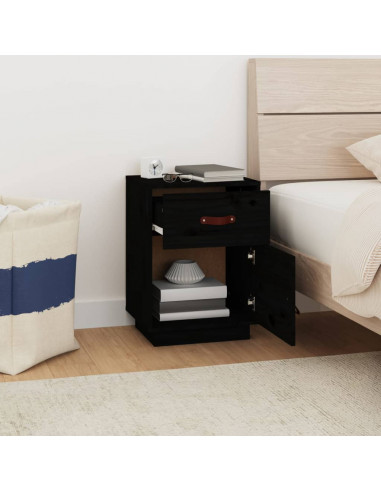 Comodino Nero 40x34x55 cm in Legno Massello di Pino