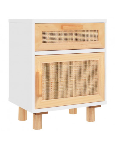 Comodino Bianco in Legno Massello di Pino e Rattan Naturale