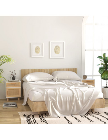 Comodino Bianco in Legno Massello di Pino e Rattan Naturale