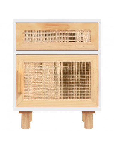 Comodino Bianco in Legno Massello di Pino e Rattan Naturale