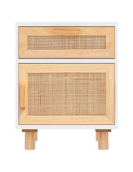 Comodino Bianco in Legno Massello di Pino e Rattan Naturale
