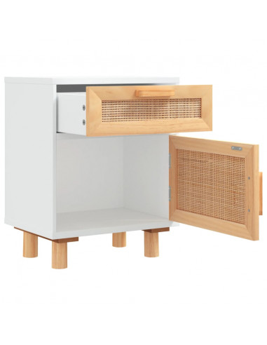 Comodino Bianco in Legno Massello di Pino e Rattan Naturale