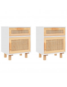 Comodini 2 pz Bianchi Legno Massello di Pino e Rattan Naturale 2