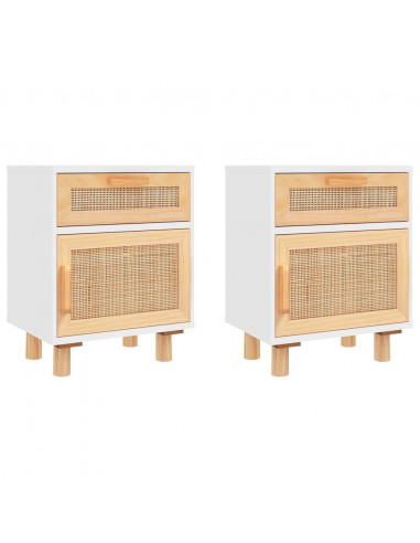 Comodini 2 pz Bianchi Legno Massello di Pino e Rattan Naturale