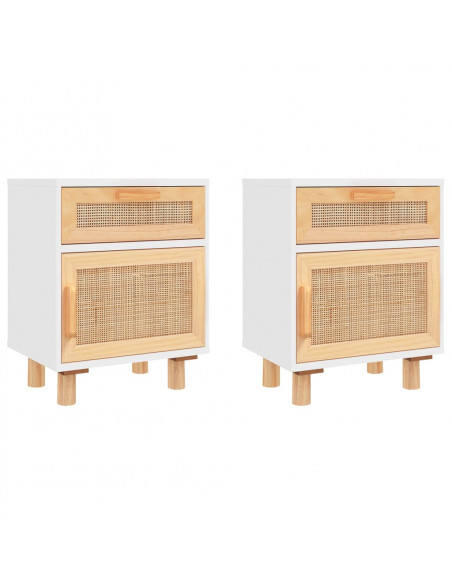 Comodini 2 pz Bianchi Legno Massello di Pino e Rattan Naturale