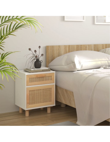 Comodini 2 pz Bianchi Legno Massello di Pino e Rattan Naturale