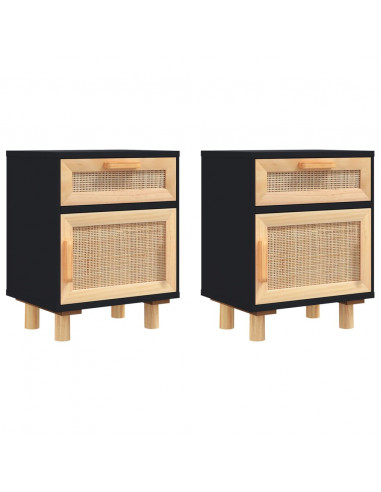 Comodini 2 pz Neri in Legno Massello di Pino e Rattan Naturale