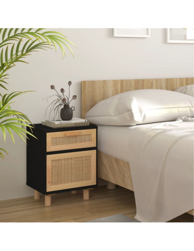 Comodini 2 pz Neri in Legno Massello di Pino e Rattan Naturale