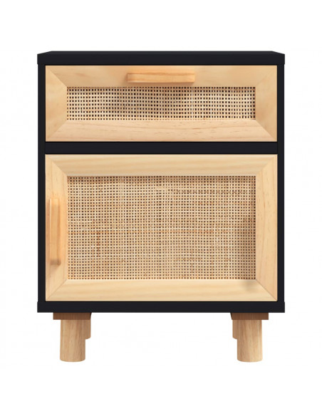 Comodini 2 pz Neri in Legno Massello di Pino e Rattan Naturale