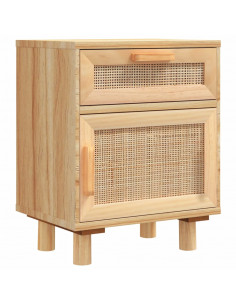 Comodino Marrone in Legno Massello di Pino e Rattan Naturale 2