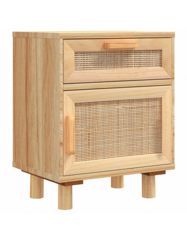Comodino Marrone in Legno Massello di Pino e Rattan Naturale