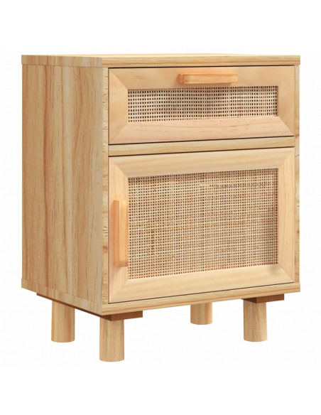 Comodino Marrone in Legno Massello di Pino e Rattan Naturale