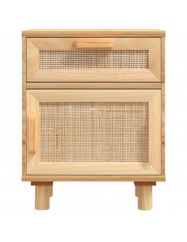 Comodino Marrone in Legno Massello di Pino e Rattan Naturale