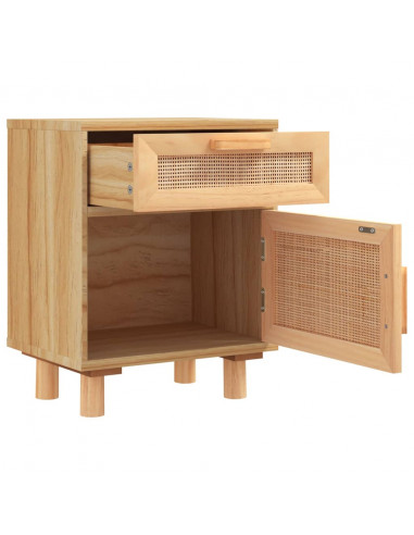 Comodino Marrone in Legno Massello di Pino e Rattan Naturale