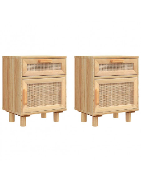 Comodini 2 pz Marroni Legno Massello di Pino e Rattan Naturale