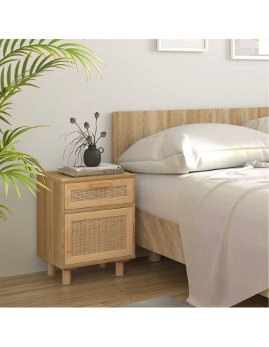 Comodini 2 pz Marroni Legno Massello di Pino e Rattan Naturale