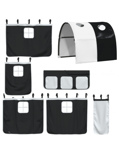 Letto a Castello con Tende Bianco e Nero 90x190cm Massello Pino