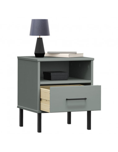 Comodino con Gambe in Metallo Grigio Legno Massello Pino OSLO