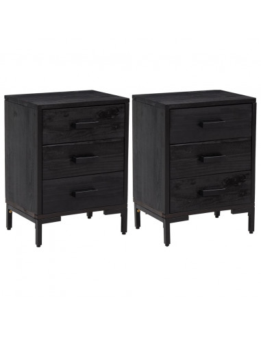 Comodini 2 pz Neri 40x30x55 cm in Legno Massello di Pino