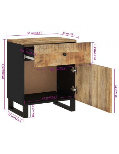 Comodino 50x33x60cm Legno Massello di Mango e Legno Multistrato