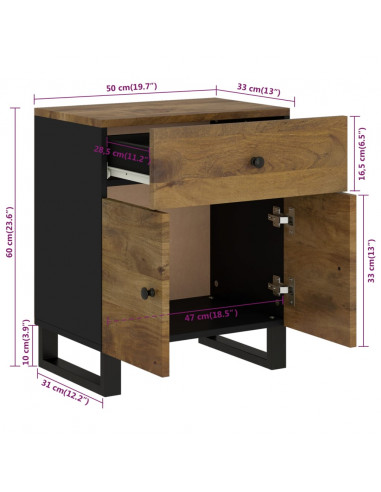 Comodino 50x33x60cm Legno Massello di Mango e Legno Multistrato