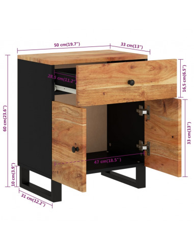 Comodino 50x33x60 cm Legno Massello Acacia e Legno Multistrato