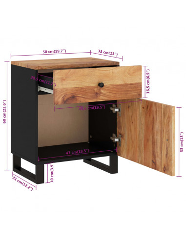 Comodino 50x33x60 cm Legno Massello Acacia e Legno Multistrato