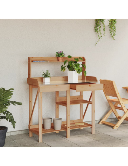 Panca Porta Vasi con Ripiani Marrone in Legno Massello di Abete