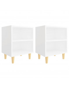 Comodini con Gambe in Legno Massello 2pz Bianchi 40x30x50 cm 2