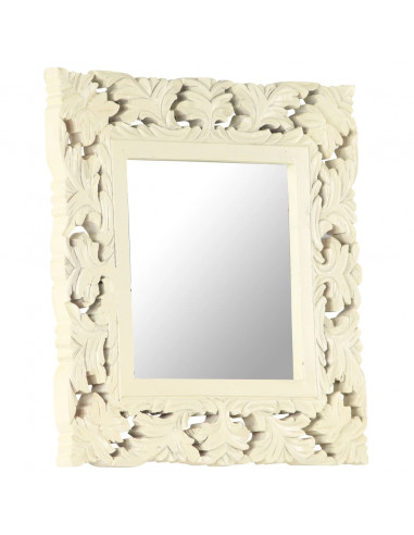 Specchio Intagliato a Mano Bianco 50x50 cm in Massello di Mango