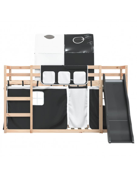 Letto a Castello con Scivolo e Tende Bianco e Nero 90x200 cm