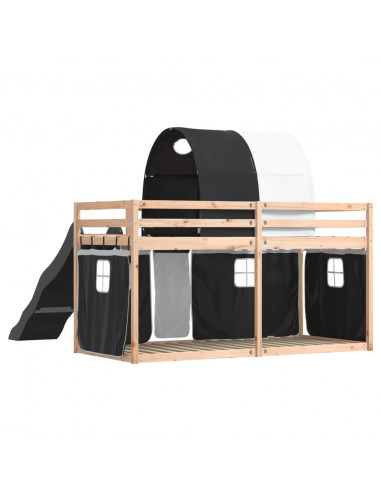 Letto a Castello con Scivolo e Tende Bianco e Nero 90x200 cm