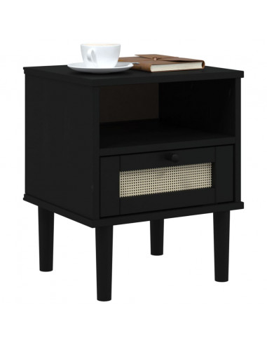 Comodino SENJA Nero Aspetto Rattan 40x35x48 cm in Legno di Pino
