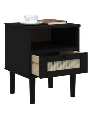 Comodino SENJA Nero Aspetto Rattan 40x35x48 cm in Legno di Pino